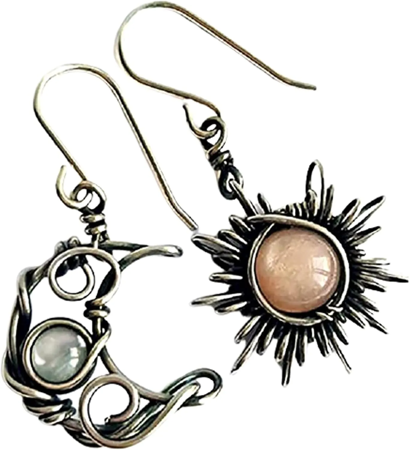 Boho Retro Opal Sun and Moon Dangle Earrings - Vintage Silver Asymmetry Moon Star Sun Dangle Drop Earrings With Black Moonstone - Hypoallergenic Statement Jewelry