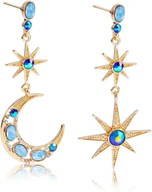 Boho Sun Moon and Stars Drop Dangle Earrings,Bohemian Statement Earrings for Women Girls Asymmetrical Celestial Jewelry Gift