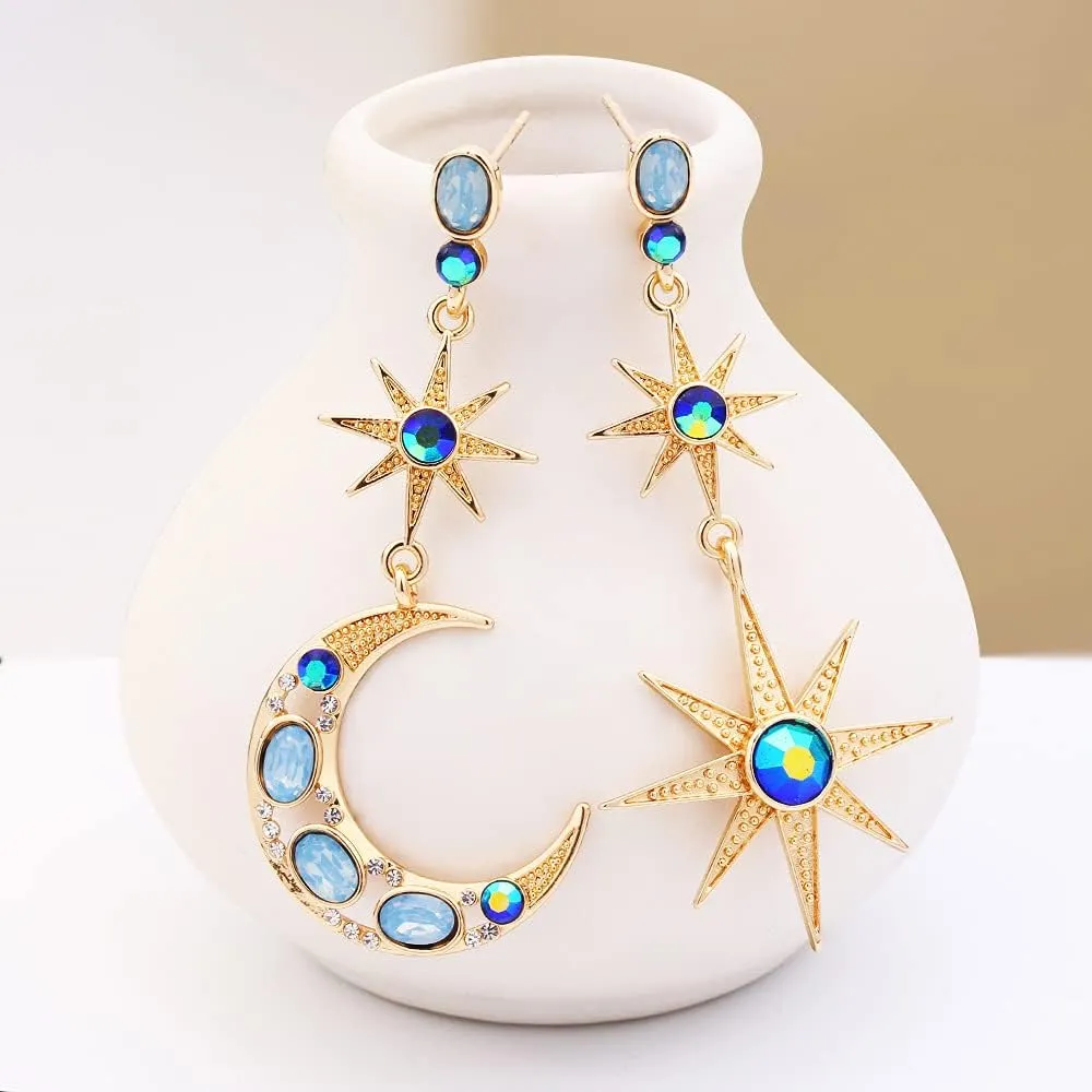 Boho Sun Moon and Stars Drop Dangle Earrings,Bohemian Statement Earrings for Women Girls Asymmetrical Celestial Jewelry Gift