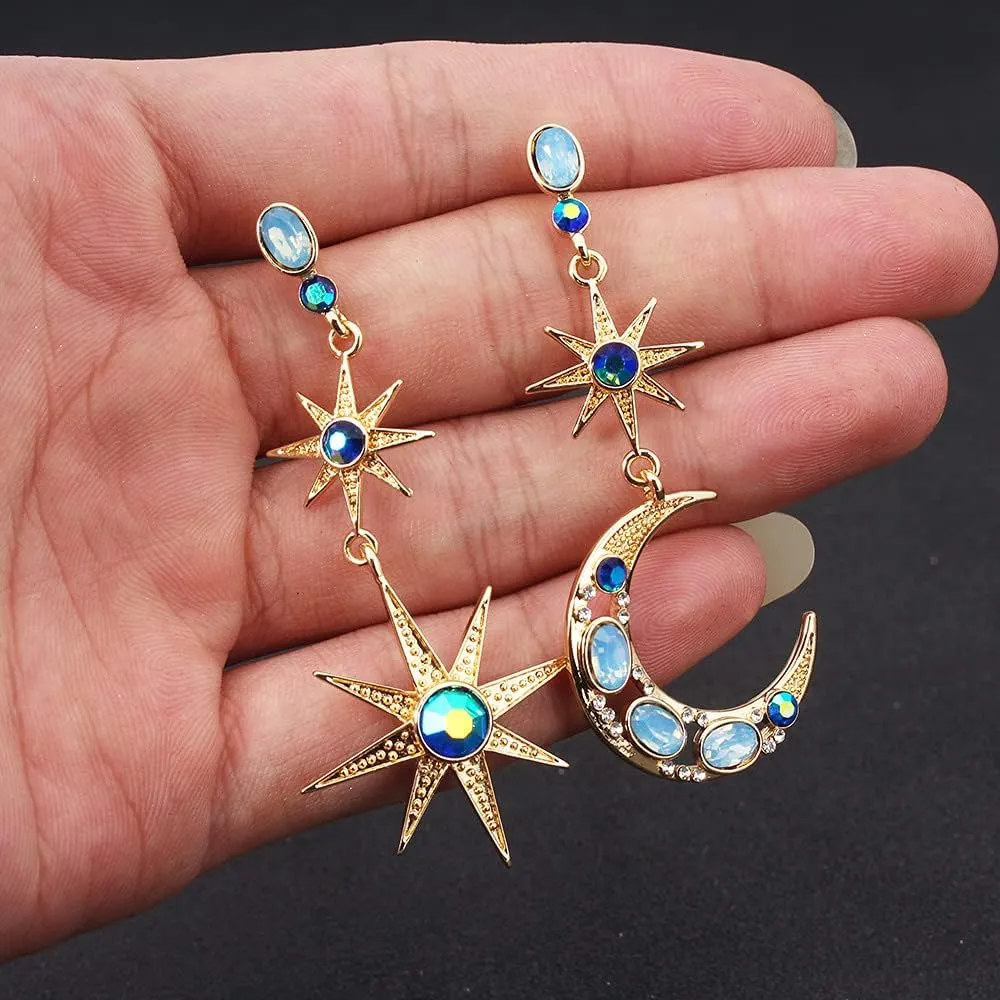Boho Sun Moon and Stars Drop Dangle Earrings,Bohemian Statement Earrings for Women Girls Asymmetrical Celestial Jewelry Gift