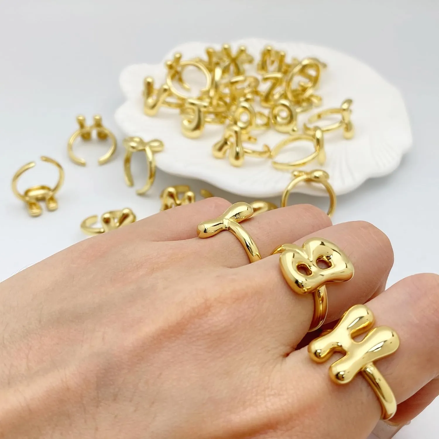 Bubble Initial Gold Ring For Women,Dainty Balloon Letter Rings 14k Gold Plated Open Alphabet A-Z Adjustable Unique Fashion Jewelry Gift