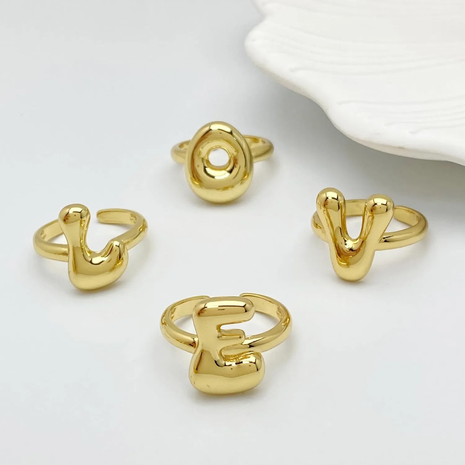 Bubble Initial Gold Ring For Women,Dainty Balloon Letter Rings 14k Gold Plated Open Alphabet A-Z Adjustable Unique Fashion Jewelry Gift