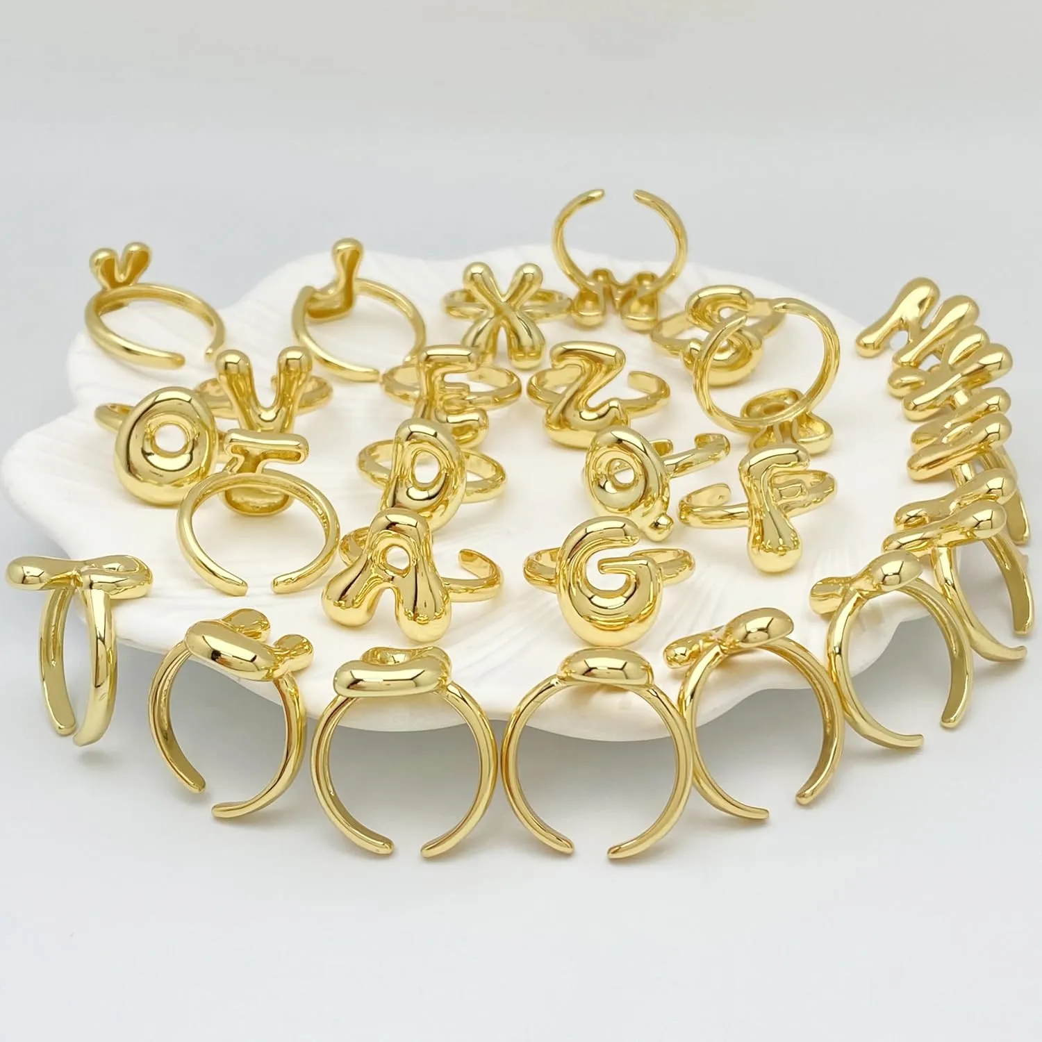 Bubble Initial Gold Ring For Women,Dainty Balloon Letter Rings 14k Gold Plated Open Alphabet A-Z Adjustable Unique Fashion Jewelry Gift
