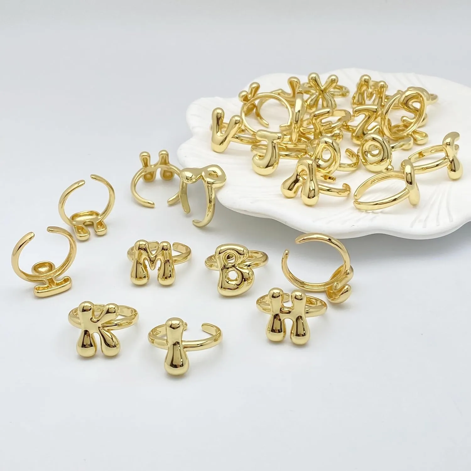 Bubble Initial Gold Ring For Women,Dainty Balloon Letter Rings 14k Gold Plated Open Alphabet A-Z Adjustable Unique Fashion Jewelry Gift