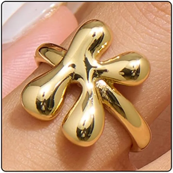 Bubble Initial Gold Ring For Women,Dainty Balloon Letter Rings 14k Gold Plated Open Alphabet A-Z Adjustable Unique Fashion Jewelry Gift