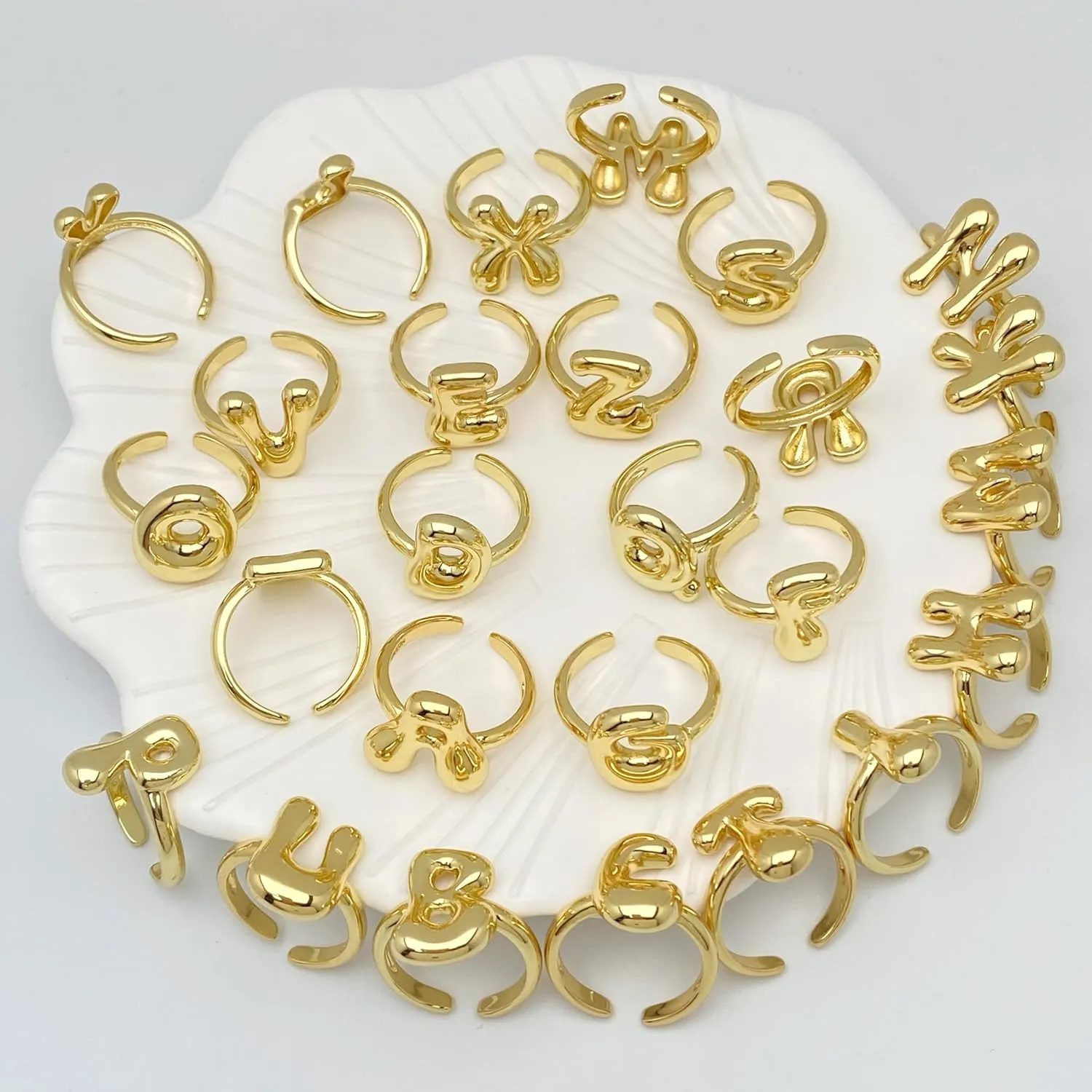 Bubble Initial Gold Ring For Women,Dainty Balloon Letter Rings 14k Gold Plated Open Alphabet A-Z Adjustable Unique Fashion Jewelry Gift