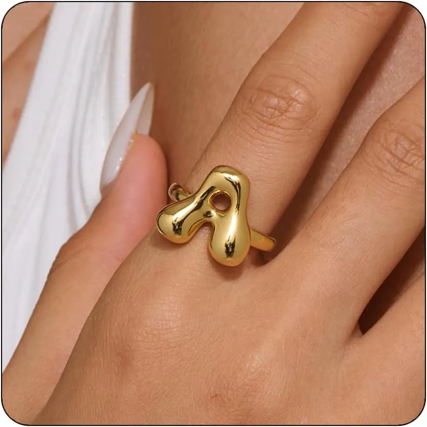 Bubble Initial Gold Ring For Women,Dainty Balloon Letter Rings 14k Gold Plated Open Alphabet A-Z Adjustable Unique Fashion Jewelry Gift