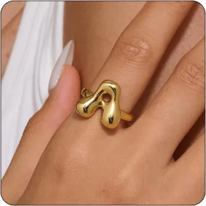 Bubble Initial Gold Ring For Women,Dainty Balloon Letter Rings 14k Gold Plated Open Alphabet A-Z Adjustable Unique Fashion Jewelry Gift