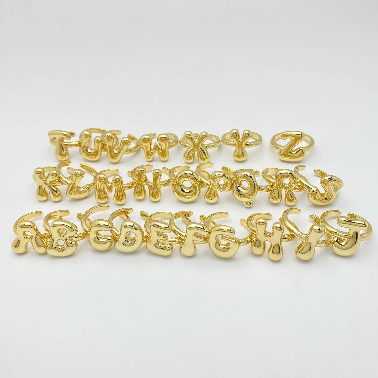 Bubble Initial Gold Ring For Women,Dainty Balloon Letter Rings 14k Gold Plated Open Alphabet A-Z Adjustable Unique Fashion Jewelry Gift