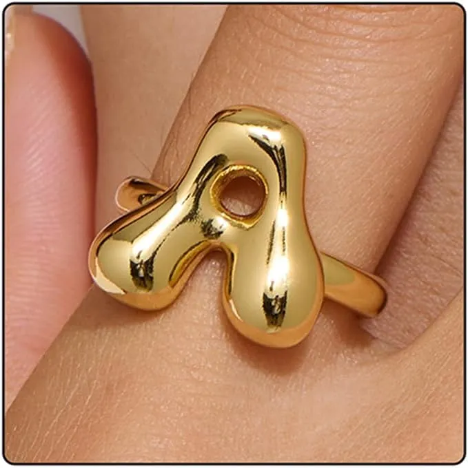 Bubble Initial Gold Ring For Women,Dainty Balloon Letter Rings 14k Gold Plated Open Alphabet A-Z Adjustable Unique Fashion Jewelry Gift