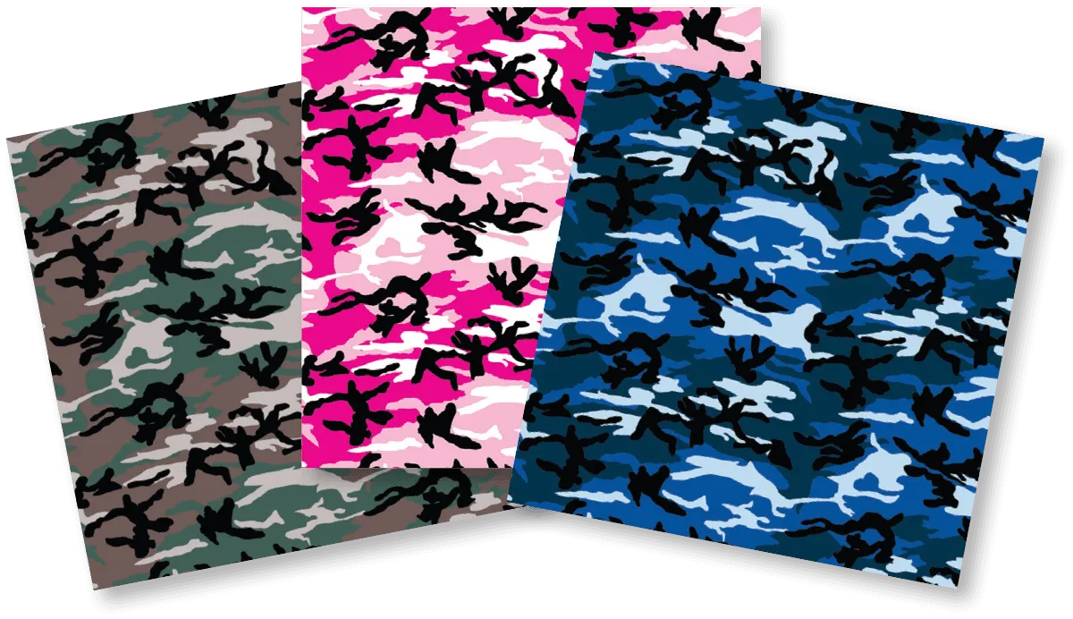CAMOUFLAGE  3 PACK 22" x 22" Made In The USA Bandannas - 100% Cotton - Fully Hemmed
