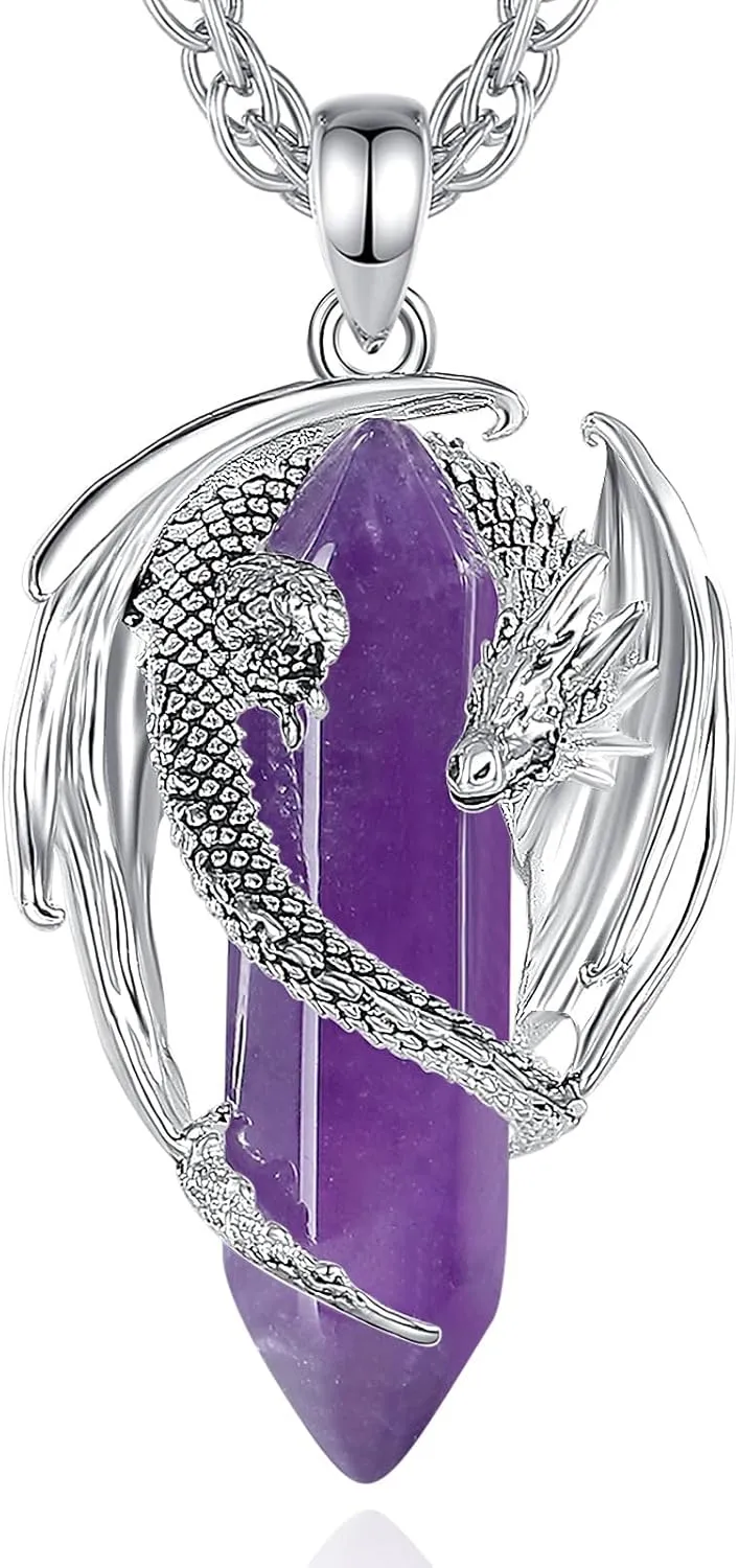 CELESTIA Silver-Plated Copper Dragon Necklace Crystal 7 Chakras, Rose Quartz, Turquoise, Obsidian, Amethyst, Malachite, White Crystal, Dongling Jade - 22'' 2'' Stainless Steel Singapore Chain