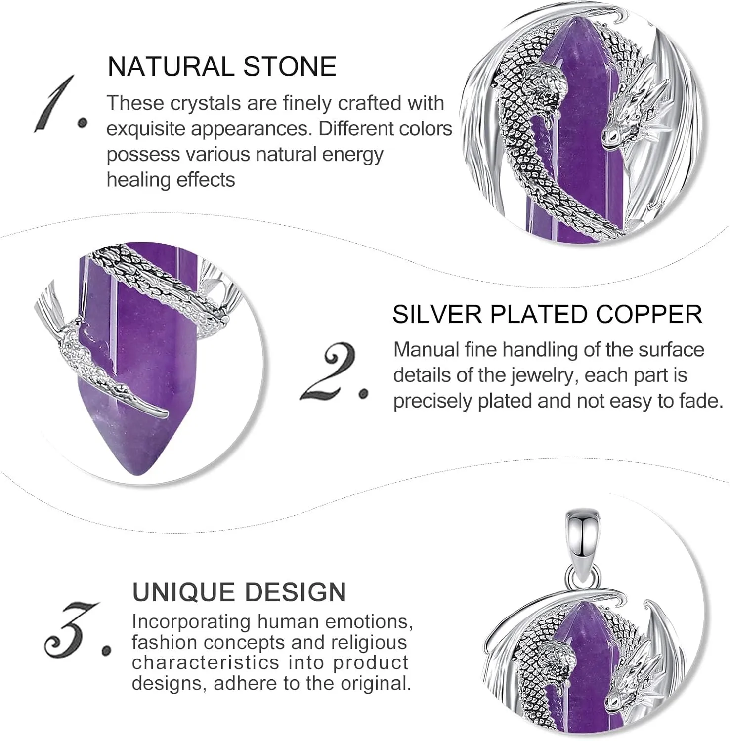 CELESTIA Silver-Plated Copper Dragon Necklace Crystal 7 Chakras, Rose Quartz, Turquoise, Obsidian, Amethyst, Malachite, White Crystal, Dongling Jade - 22'' 2'' Stainless Steel Singapore Chain