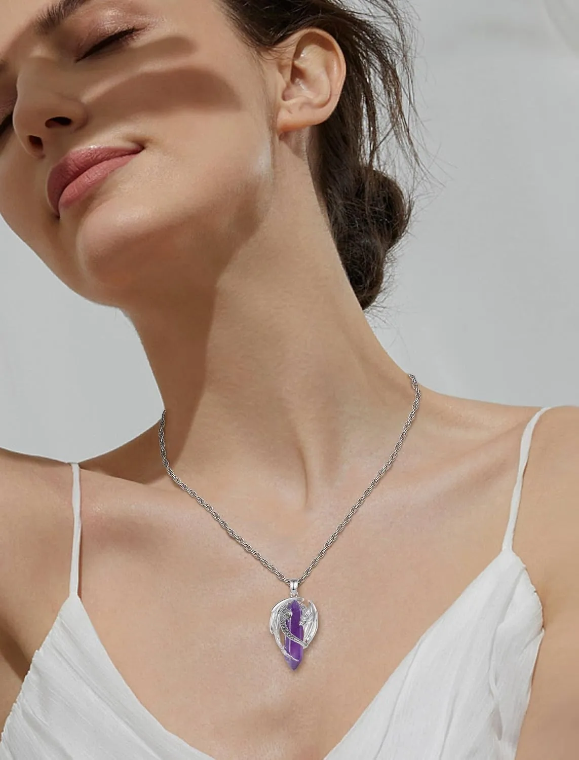 CELESTIA Silver-Plated Copper Dragon Necklace Crystal 7 Chakras, Rose Quartz, Turquoise, Obsidian, Amethyst, Malachite, White Crystal, Dongling Jade - 22'' 2'' Stainless Steel Singapore Chain
