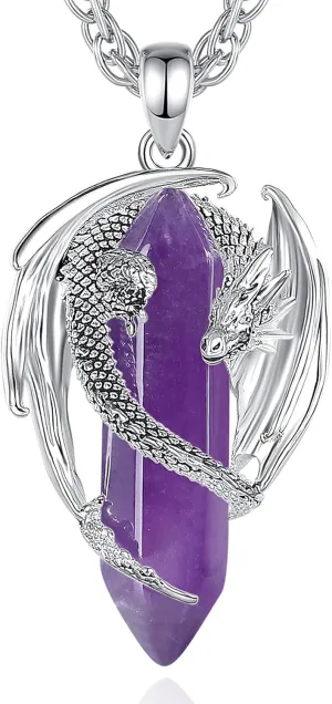 CELESTIA Silver-Plated Copper Dragon Necklace Crystal 7 Chakras, Rose Quartz, Turquoise, Obsidian, Amethyst, Malachite, White Crystal, Dongling Jade - 22'' 2'' Stainless Steel Singapore Chain