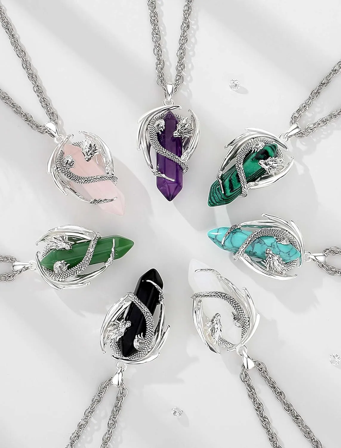 CELESTIA Silver-Plated Copper Dragon Necklace Crystal 7 Chakras, Rose Quartz, Turquoise, Obsidian, Amethyst, Malachite, White Crystal, Dongling Jade - 22'' 2'' Stainless Steel Singapore Chain