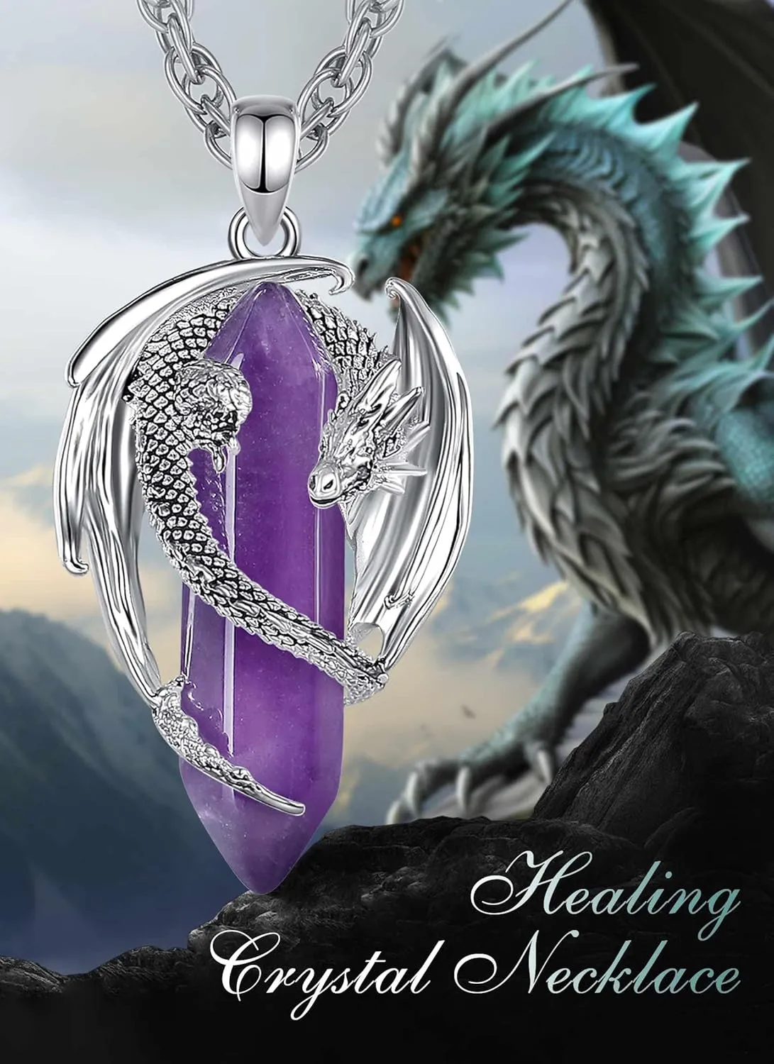 CELESTIA Silver-Plated Copper Dragon Necklace Crystal 7 Chakras, Rose Quartz, Turquoise, Obsidian, Amethyst, Malachite, White Crystal, Dongling Jade - 22'' 2'' Stainless Steel Singapore Chain