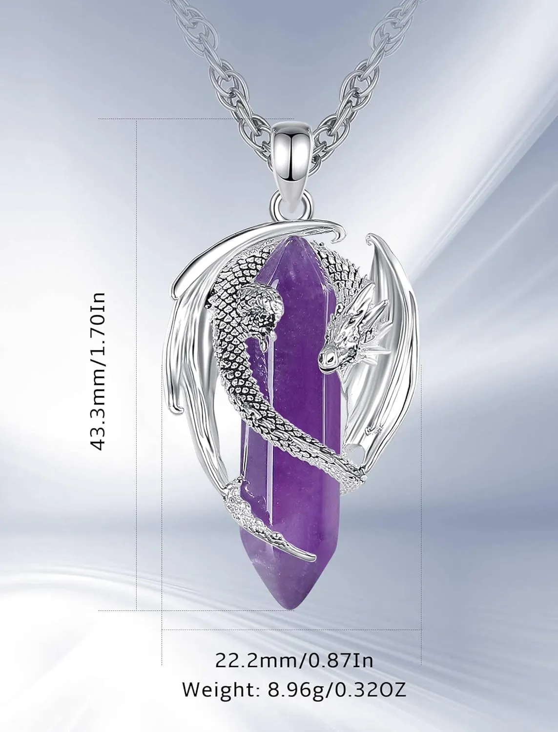 CELESTIA Silver-Plated Copper Dragon Necklace Crystal 7 Chakras, Rose Quartz, Turquoise, Obsidian, Amethyst, Malachite, White Crystal, Dongling Jade - 22'' 2'' Stainless Steel Singapore Chain