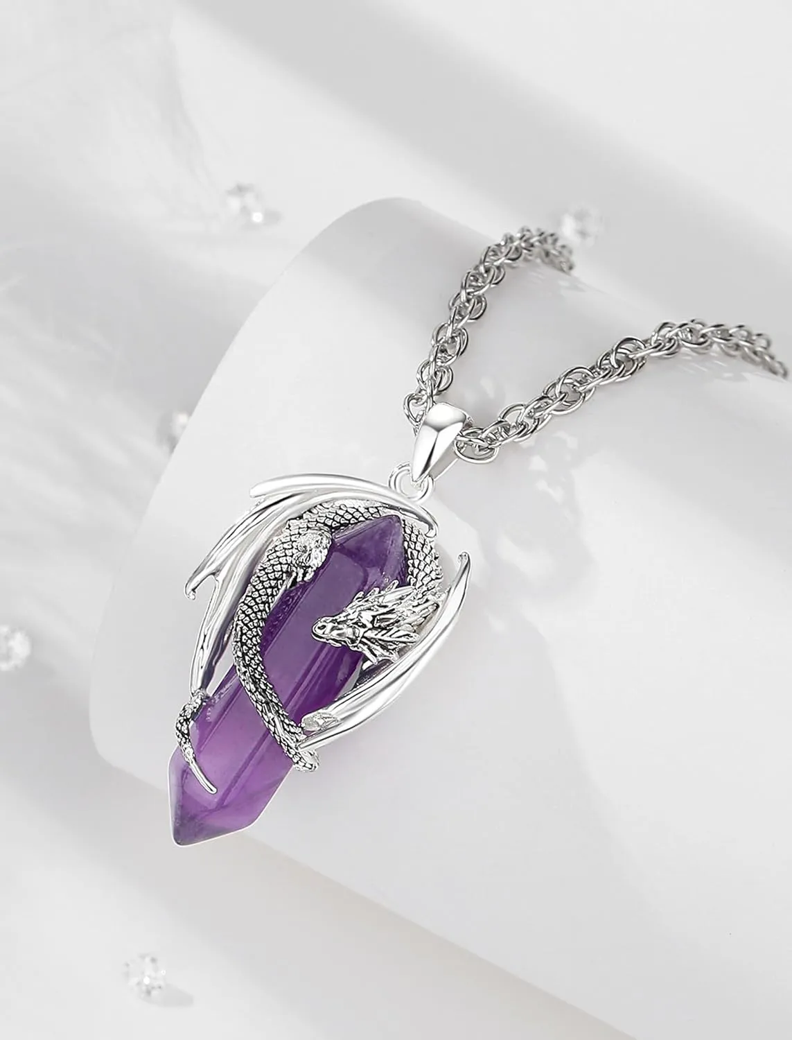 CELESTIA Silver-Plated Copper Dragon Necklace Crystal 7 Chakras, Rose Quartz, Turquoise, Obsidian, Amethyst, Malachite, White Crystal, Dongling Jade - 22'' 2'' Stainless Steel Singapore Chain