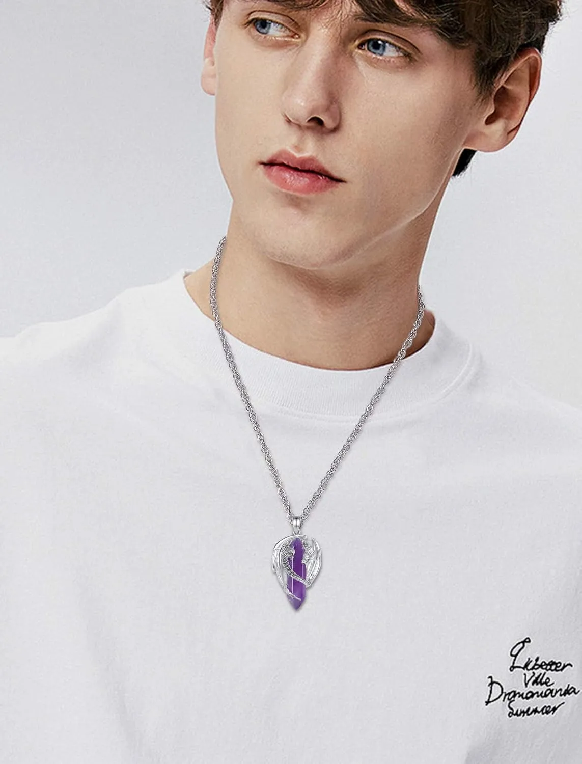 CELESTIA Silver-Plated Copper Dragon Necklace Crystal 7 Chakras, Rose Quartz, Turquoise, Obsidian, Amethyst, Malachite, White Crystal, Dongling Jade - 22'' 2'' Stainless Steel Singapore Chain