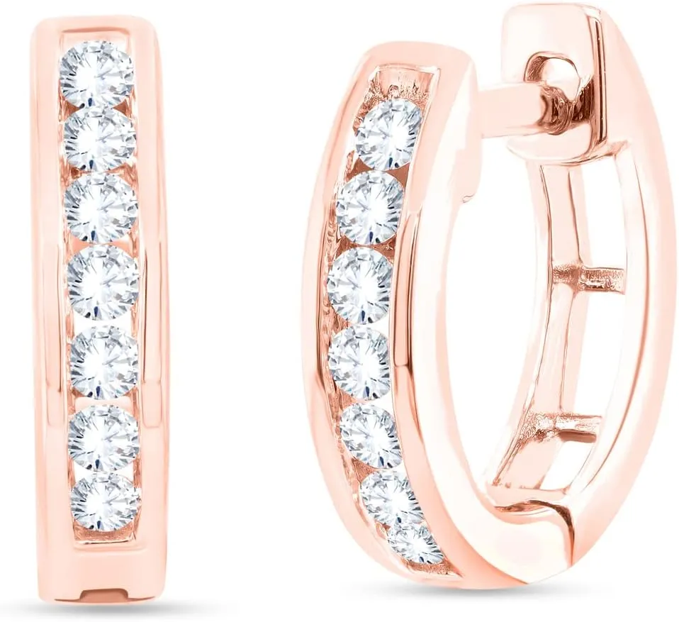Channel Set Diamond Huggie Hoop Earrings for Women - 18K Gold Over 925 Sterling Silver with1/4 Cttw Round Real Natural Diamond Hoop Earrings Sensitive Ears (0.26 Carat, I-J Color, I2 Clarity)