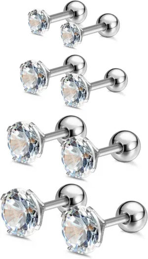 Charisma 16G Cartilage Tragus Helix Stud Stainless Steel Barbell Earrings For Women Men Screw Back Piercing Earrings (4 Pairs, 6mm bar length, 3mm-6mm Cubic Zirconia, Silver)