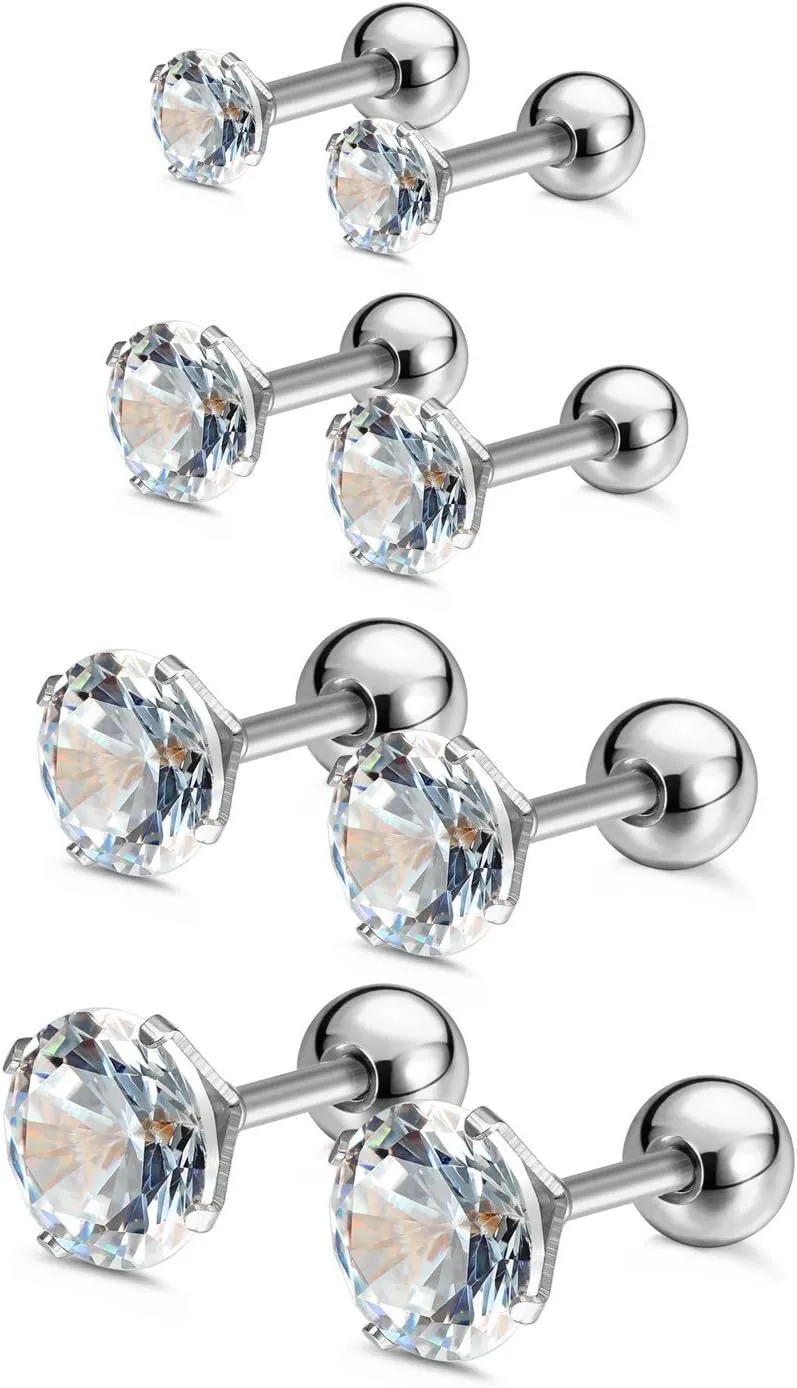 Charisma 16G Cartilage Tragus Helix Stud Stainless Steel Barbell Earrings For Women Men Screw Back Piercing Earrings (4 Pairs, 6mm bar length, 3mm-6mm Cubic Zirconia, Silver)