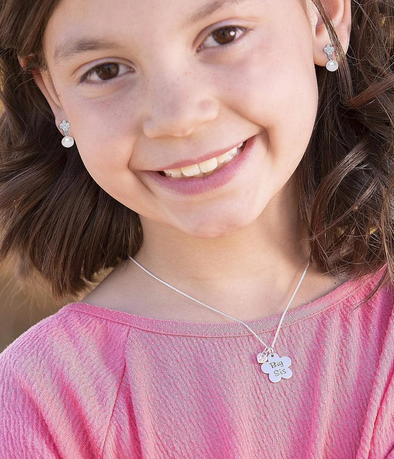 Cherished Moments Girl's "Big Sis" or "Lil Sis" Flower Necklace with Pink CZ Heart Charm, 14"