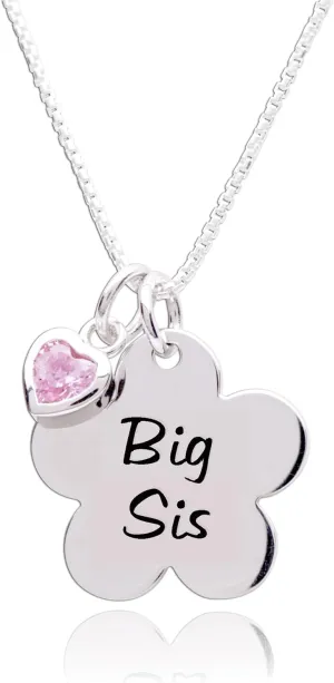 Cherished Moments Girl's "Big Sis" or "Lil Sis" Flower Necklace with Pink CZ Heart Charm, 14"