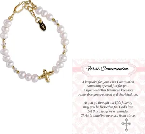 Cherished Moments Girls Sterling Silver and 14K Gold-Plated Cultured or Simulated Pearl Bracelets for First Communion Gifts with Poem and Gift Box
