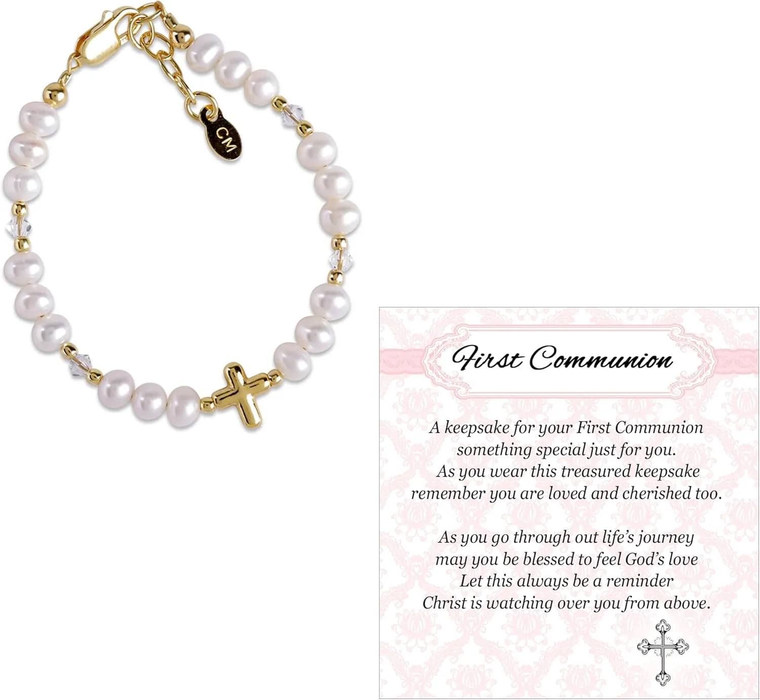 Cherished Moments Girls Sterling Silver and 14K Gold-Plated Cultured or Simulated Pearl Bracelets for First Communion Gifts with Poem and Gift Box