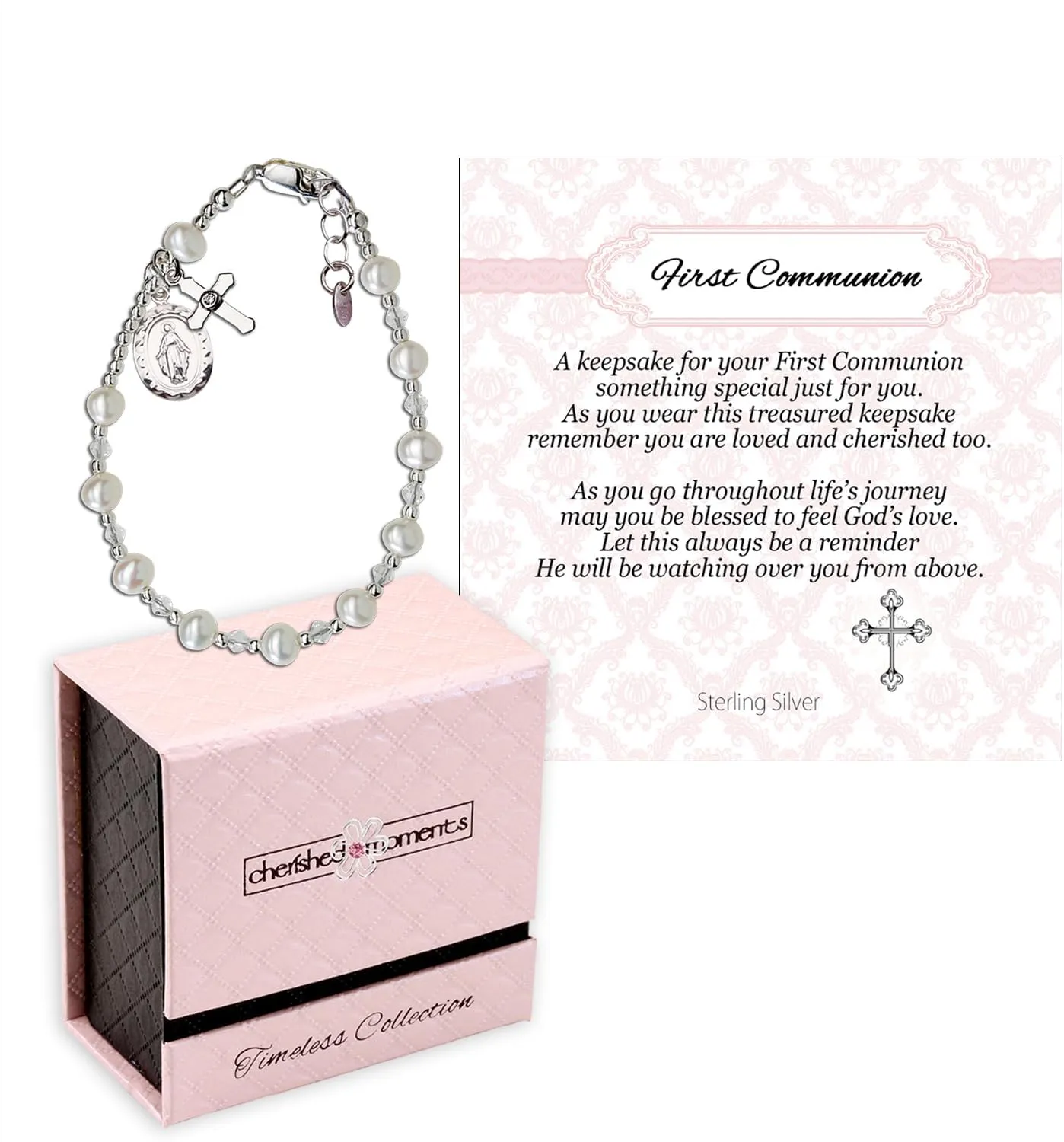 Cherished Moments Girls Sterling Silver and 14K Gold-Plated Cultured or Simulated Pearl Bracelets for First Communion Gifts with Poem and Gift Box