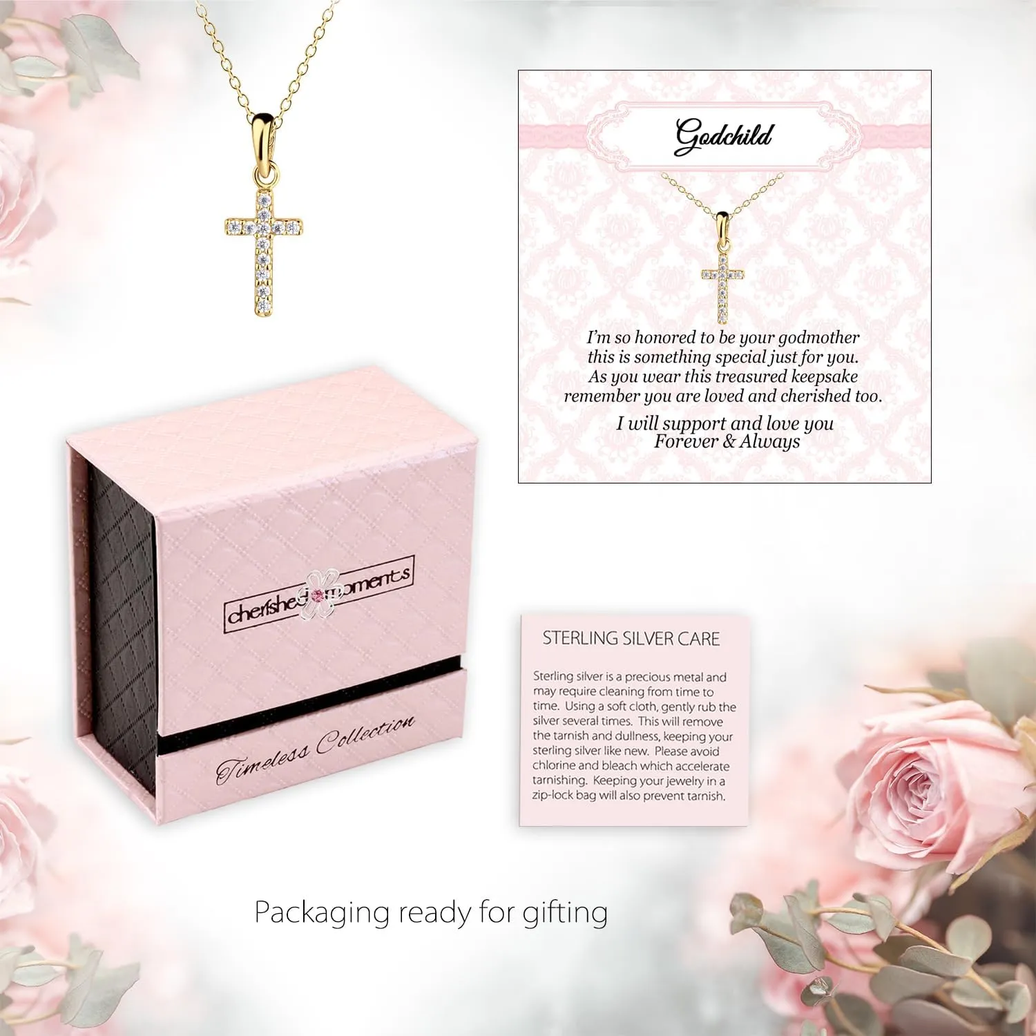 Cherished Moments Sterling Silver and 14K Gold-Plated Cross Necklaces for Godchild Gift with Poem in Gift Box