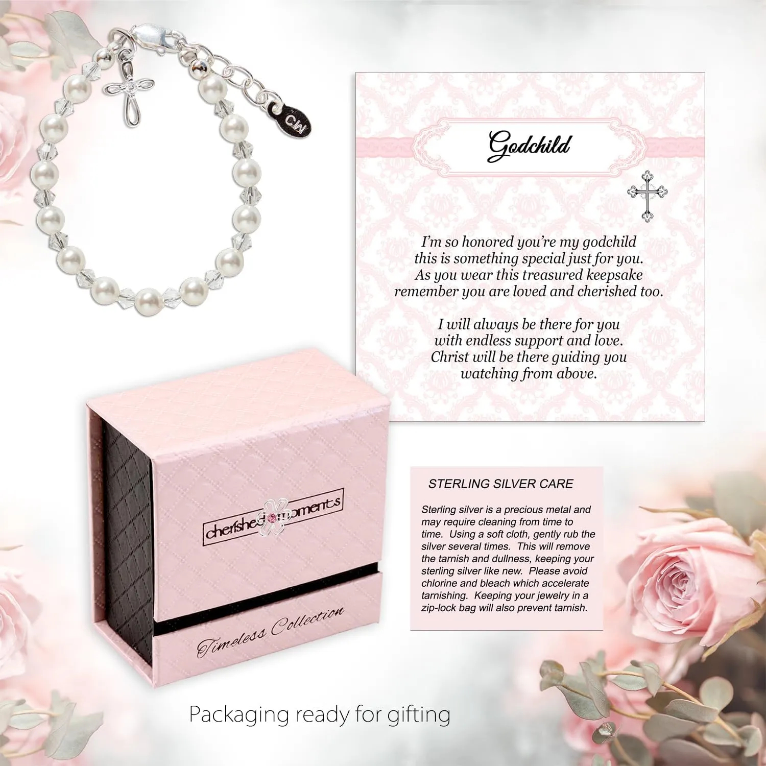 Cherished Moments Sterling Silver Cross Bracelet with Simulated Pearls for Godchild, Baptism or First Communion Gift with Poem in Gift Box