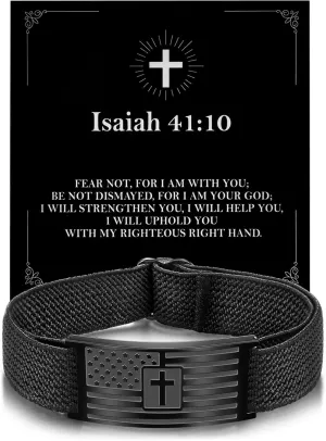 Christian Cross Bracelet for Men American Flag Engarved Bible Verse Inspirational Black Elastic Strap Adjustable Bracelets Jesus Christian Birthday Graduation Gifts for Him