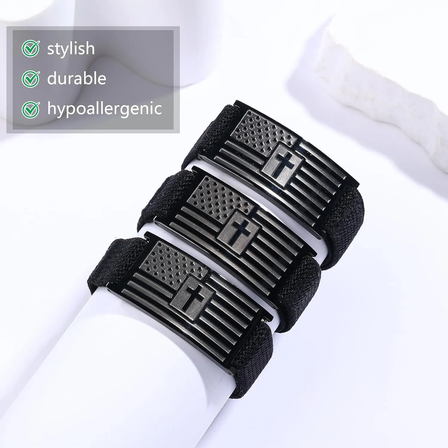 Christian Cross Bracelet for Men American Flag Engarved Bible Verse Inspirational Black Elastic Strap Adjustable Bracelets Jesus Christian Birthday Graduation Gifts for Him