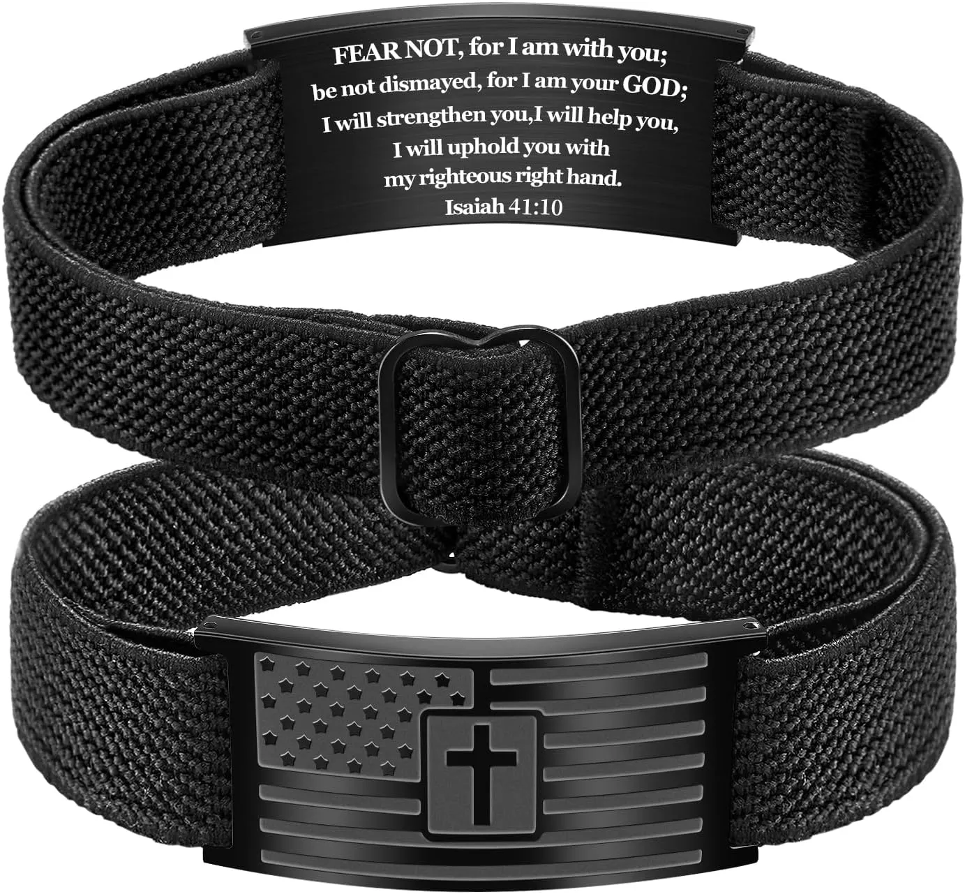 Christian Cross Bracelet for Men American Flag Engarved Bible Verse Inspirational Black Elastic Strap Adjustable Bracelets Jesus Christian Birthday Graduation Gifts for Him