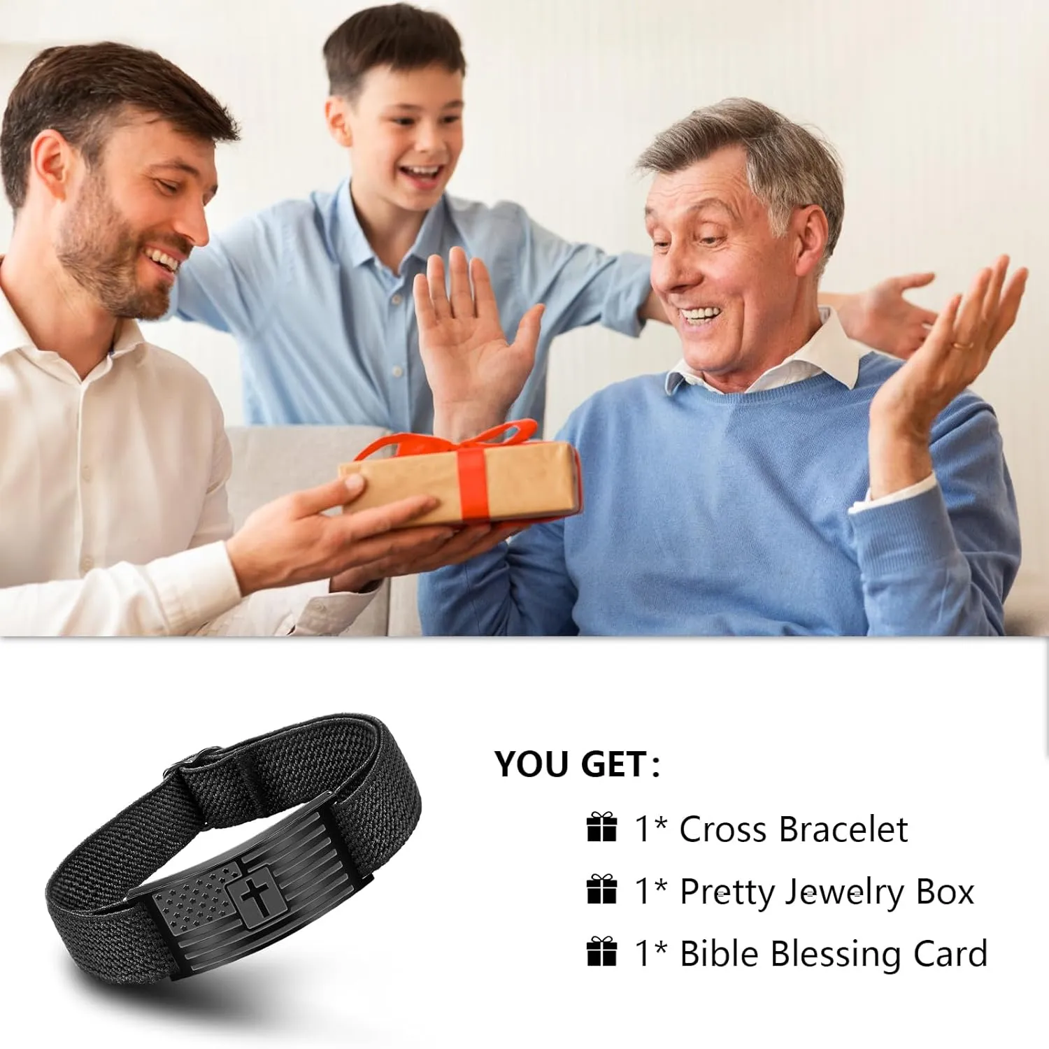 Christian Cross Bracelet for Men American Flag Engarved Bible Verse Inspirational Black Elastic Strap Adjustable Bracelets Jesus Christian Birthday Graduation Gifts for Him