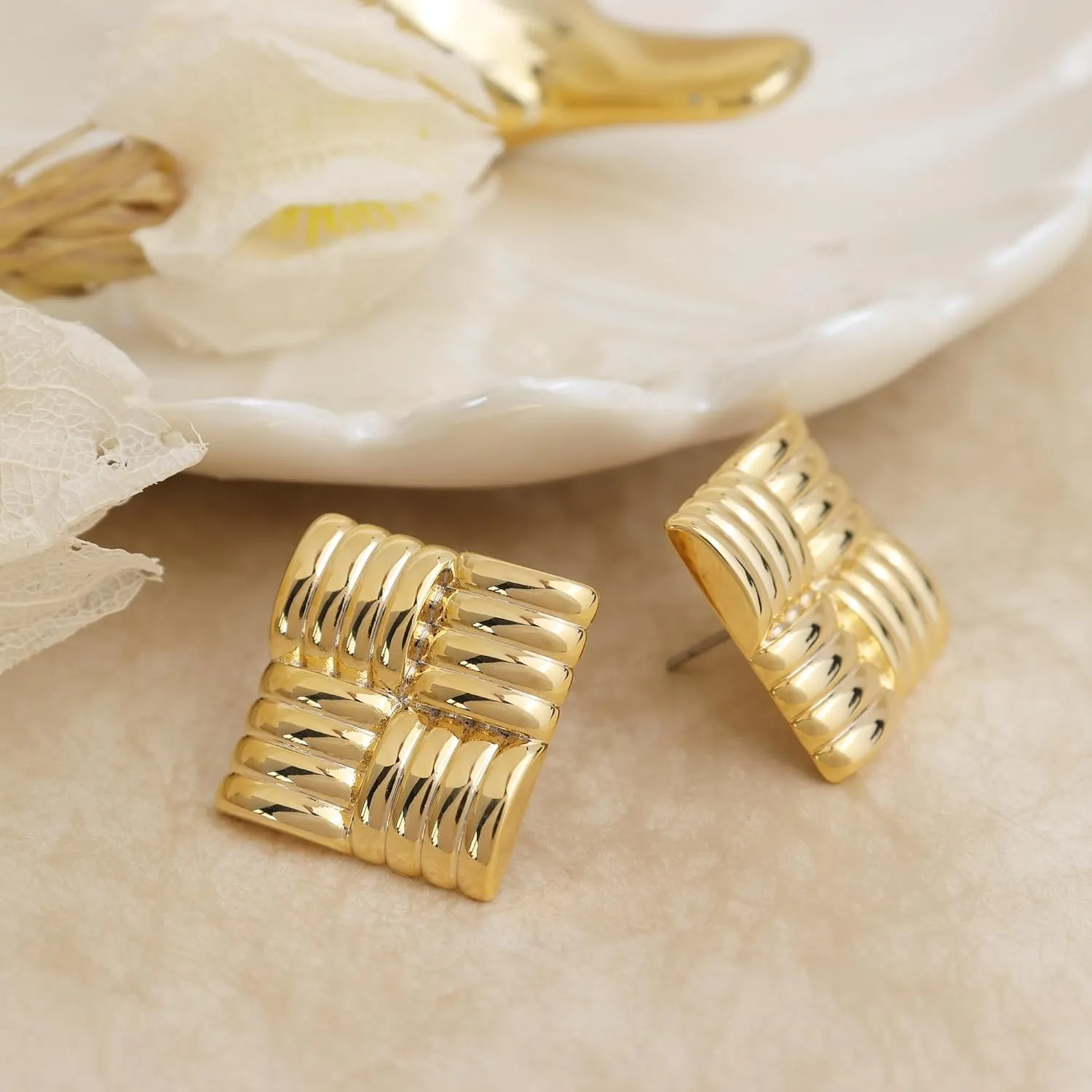 Chunky Big Square Geometric Stud Earrings for Women, Trendy Large Statement Vintage Textured Dome Metal Earring Dupes Fashion Jewelry Gift