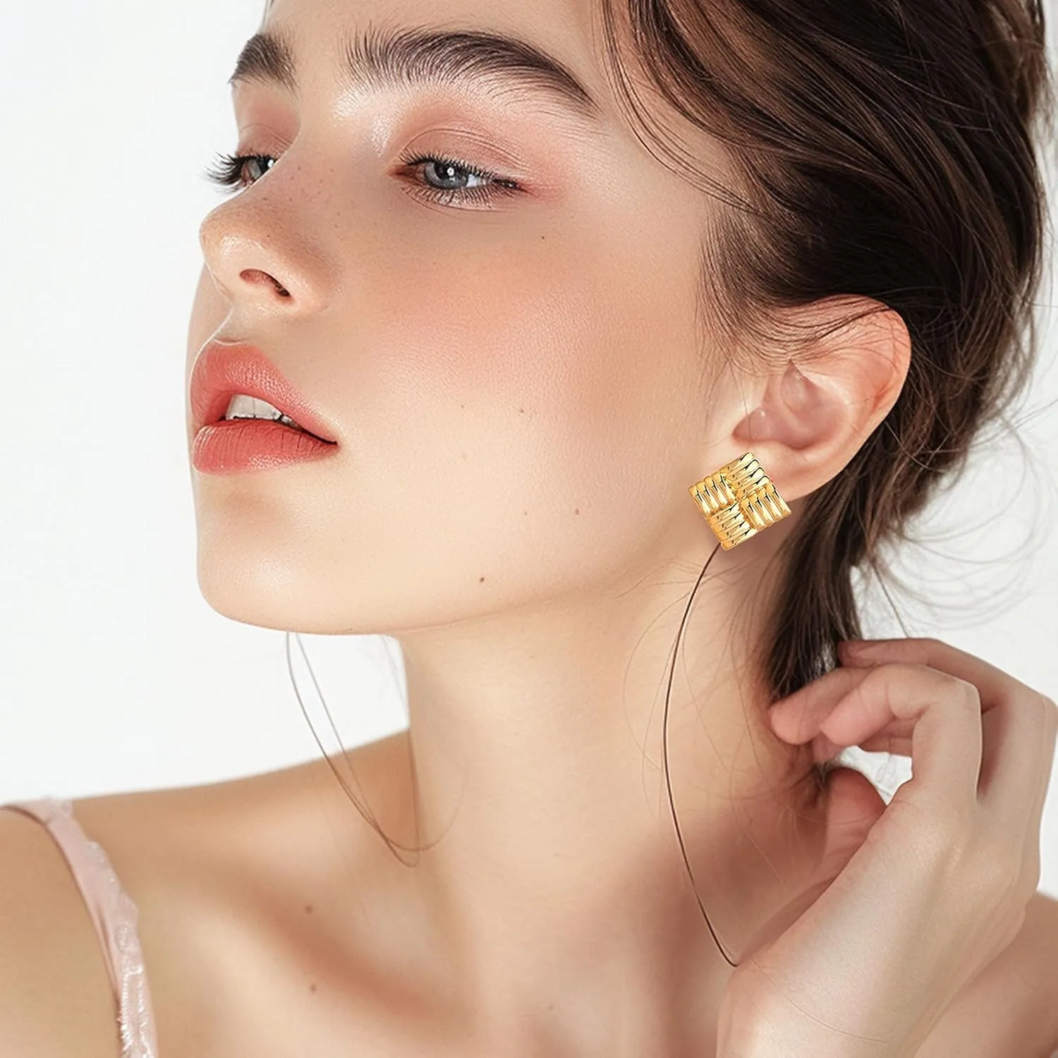 Chunky Big Square Geometric Stud Earrings for Women, Trendy Large Statement Vintage Textured Dome Metal Earring Dupes Fashion Jewelry Gift