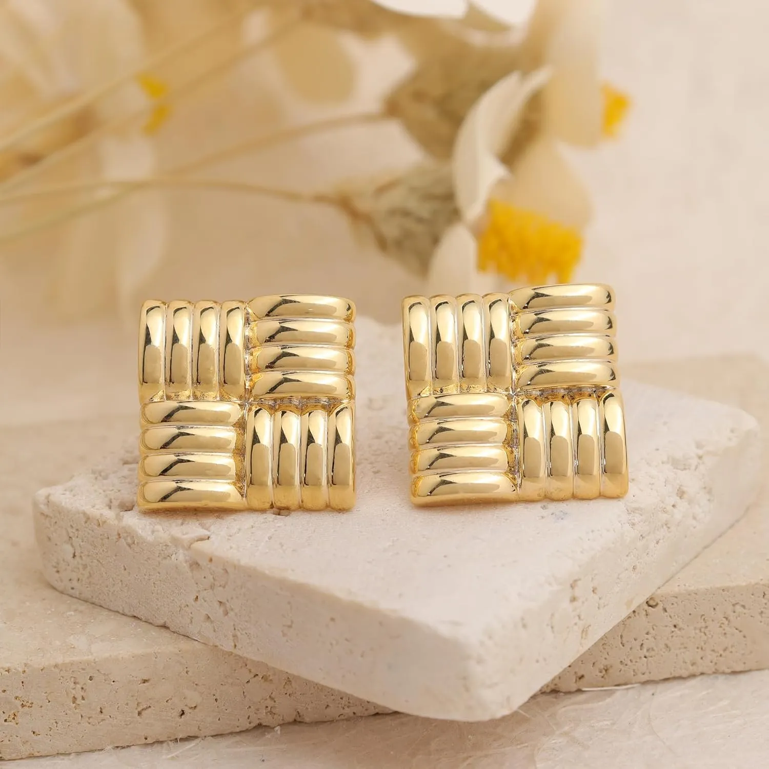 Chunky Big Square Geometric Stud Earrings for Women, Trendy Large Statement Vintage Textured Dome Metal Earring Dupes Fashion Jewelry Gift