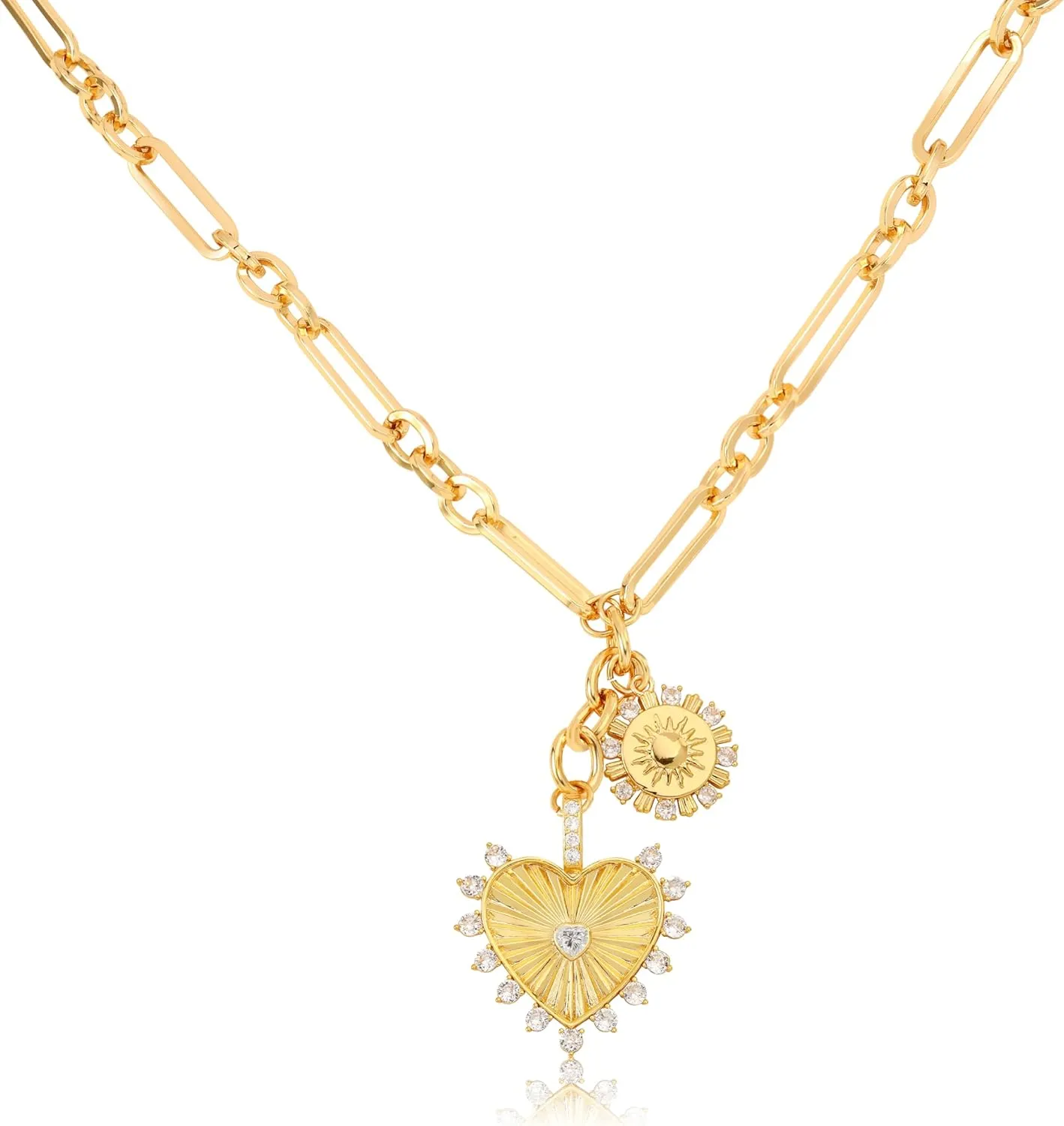 Chunky Gold Heart Necklaces for Women 18K Gold Plated Charm Necklace Sun Pendant Chain Jewelry.