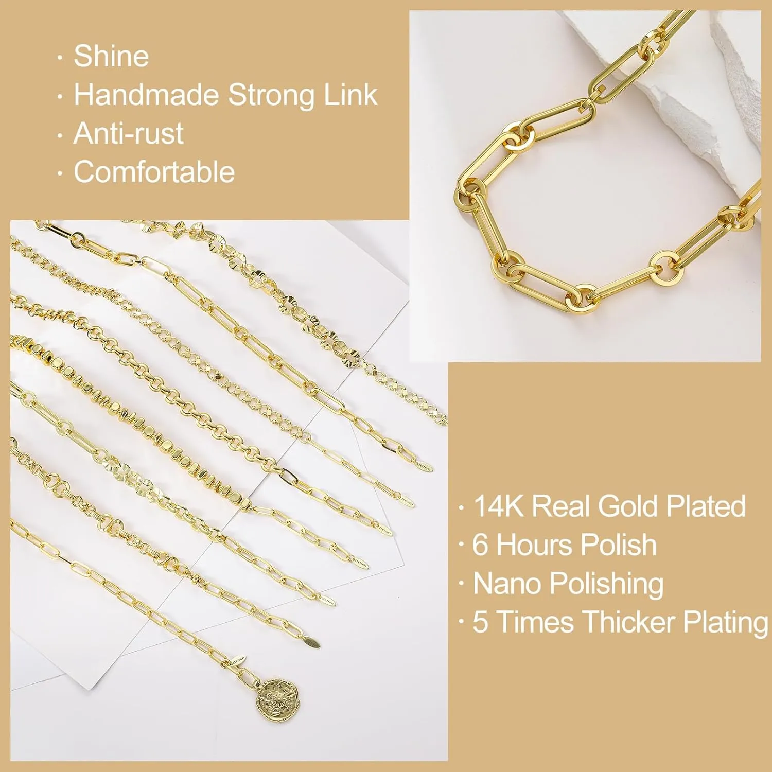 Chunky Layered Gold Necklace For Women Paperclip Link Chain Statement Compass Coin Charm Beach Stackable Necklace Non Tarnish Dainty 14k Gold Plated Medallion Pendant Trendy Fashion Jewelry