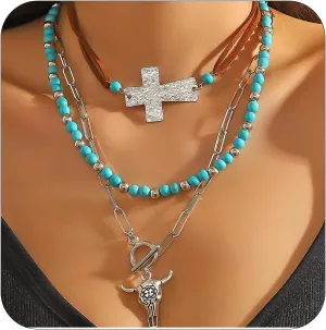 CJIAYUJEW Boho Western Cross Necklace for Women, Vintage Cross Cowgirl Hat Boots Pendant Turquoise Beaded Choker Necklaces Trendy Western Country Concert Costume Necklace Jewelry