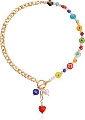 CJIAYUJEW Colorful Gold Chunky Heart Necklace for Women Heart Pendant OT Cuban Chain Necklace Boho Trendy Dainty Cute Heart Choker Necklace