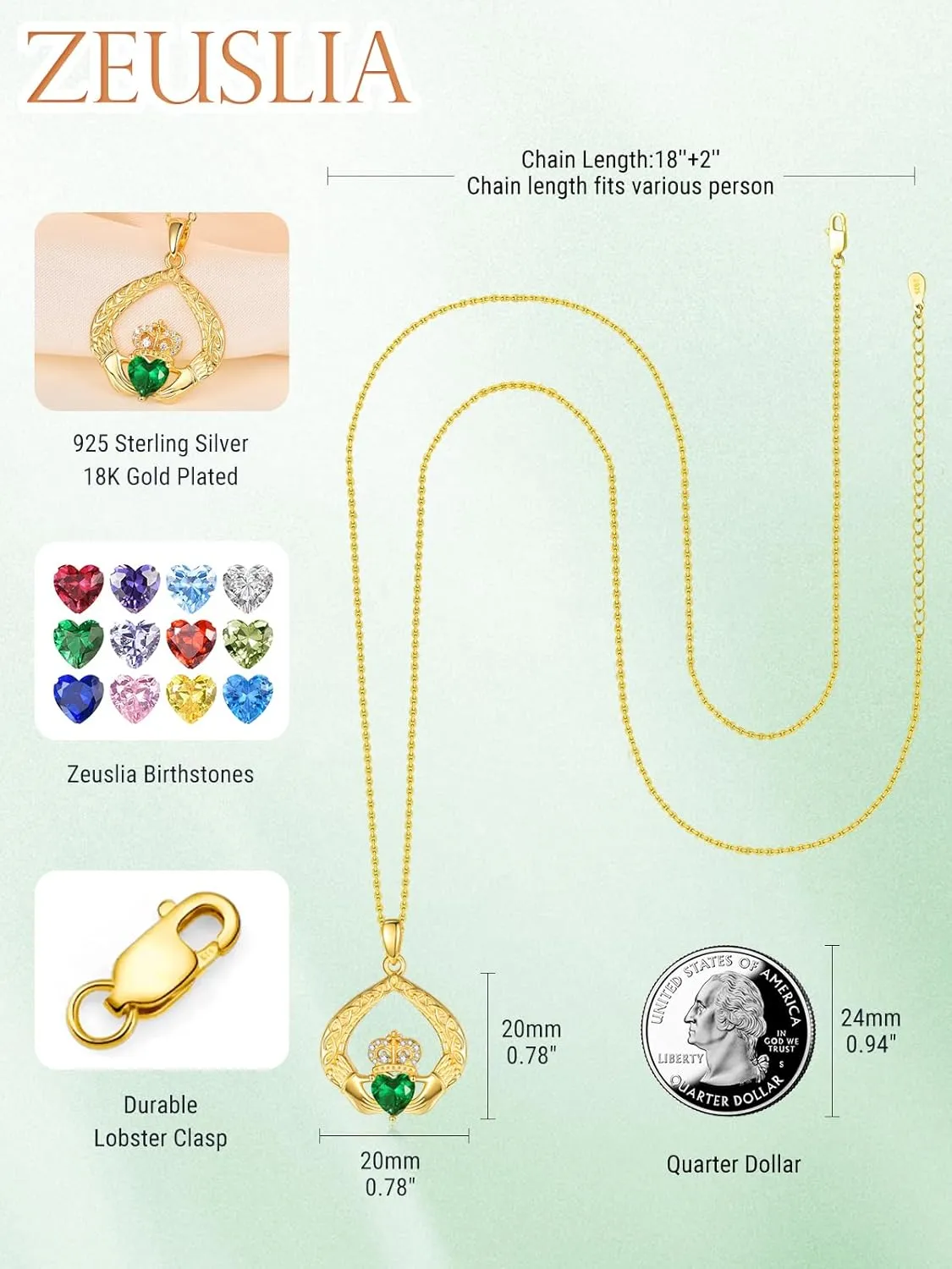 Claddagh Necklace Claddagh Projection Heart Pendant Necklaces for Women Irish Traditional Jewelry Anniversary Wedding Birthday Gifts for Women