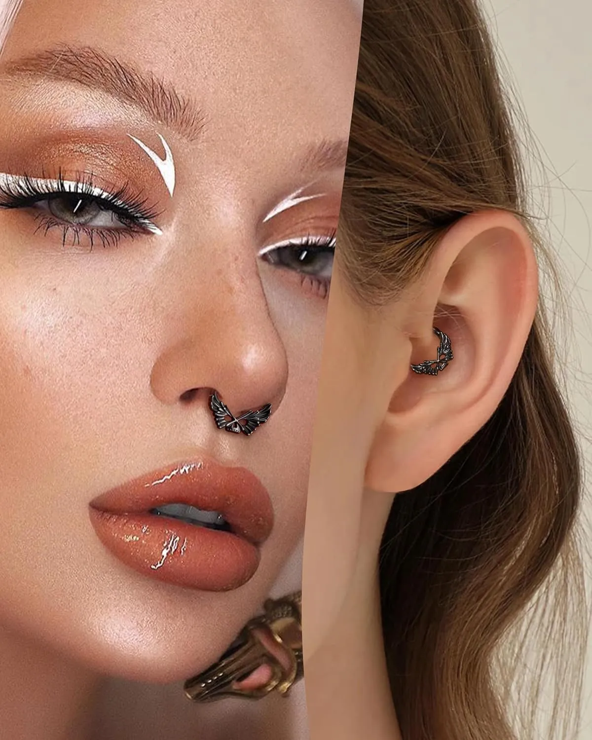COCHARM 16g Black Septum Rings Halloween Skull Wing Septum Jewelry Unique Vampire Helix Daith Earrings for Women Men Dainty 8mm 10mm Daith Piercing Jewelry