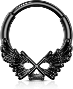 COCHARM 16g Black Septum Rings Halloween Skull Wing Septum Jewelry Unique Vampire Helix Daith Earrings for Women Men Dainty 8mm 10mm Daith Piercing Jewelry