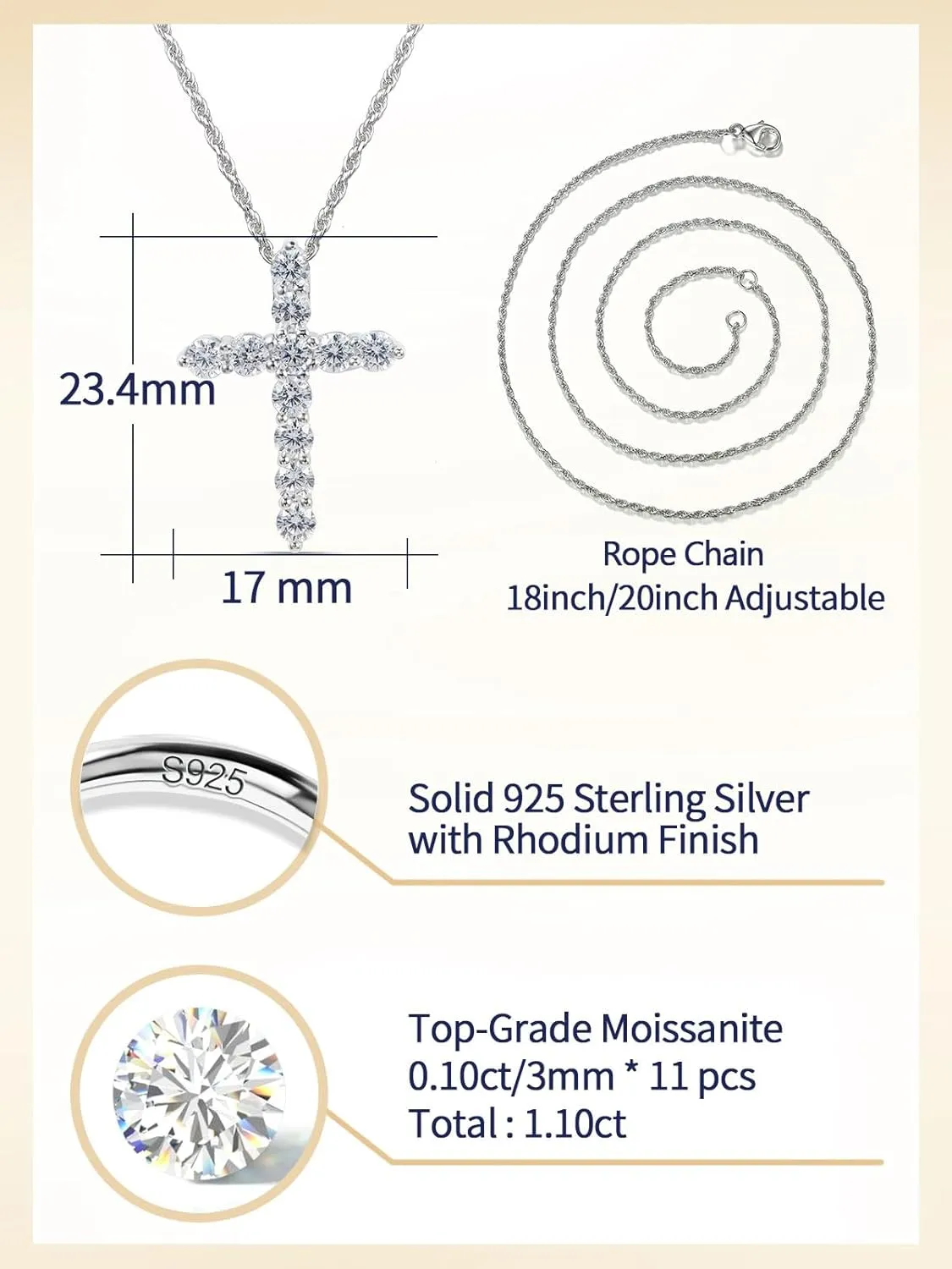 Color-D VVS1 Clarity 1.10/3.30 Carat Moissanite Cross Pendant Necklace for Women Men, Solid 925 Sterling Silver Chain Pendant, 16"/18"/20" Adjustable, Wedding Anniversary Christmas Jewelry