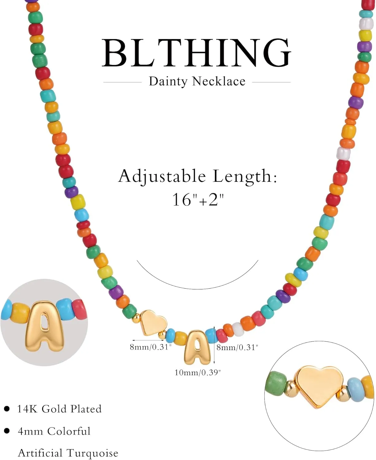 Colorful Beaded Initial Necklaces for Girls Women - Dainty 14K Gold Plated Heart Letter Necklace, Personalized Jewelry for Teen Girls Birthday Gifts